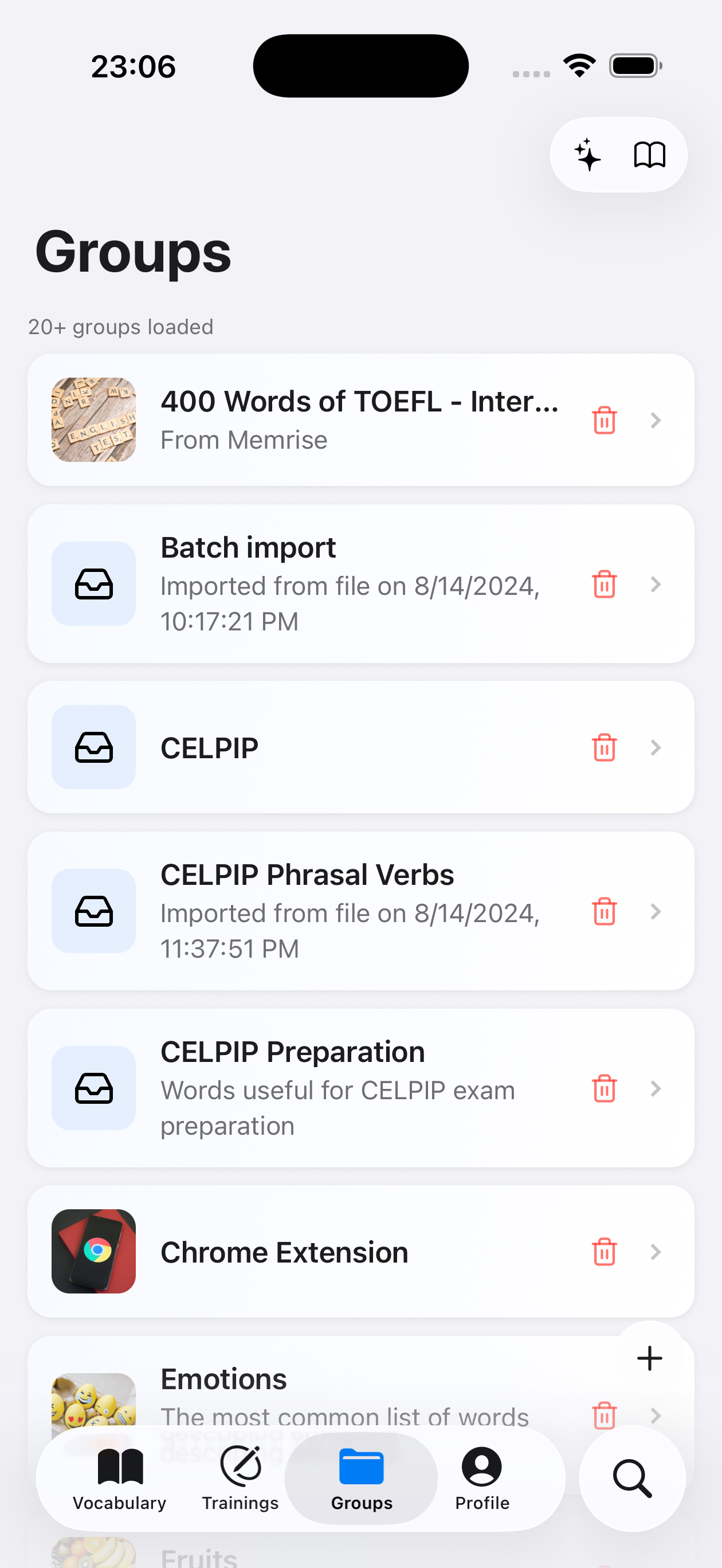 Екран груп зі списком наборів слів