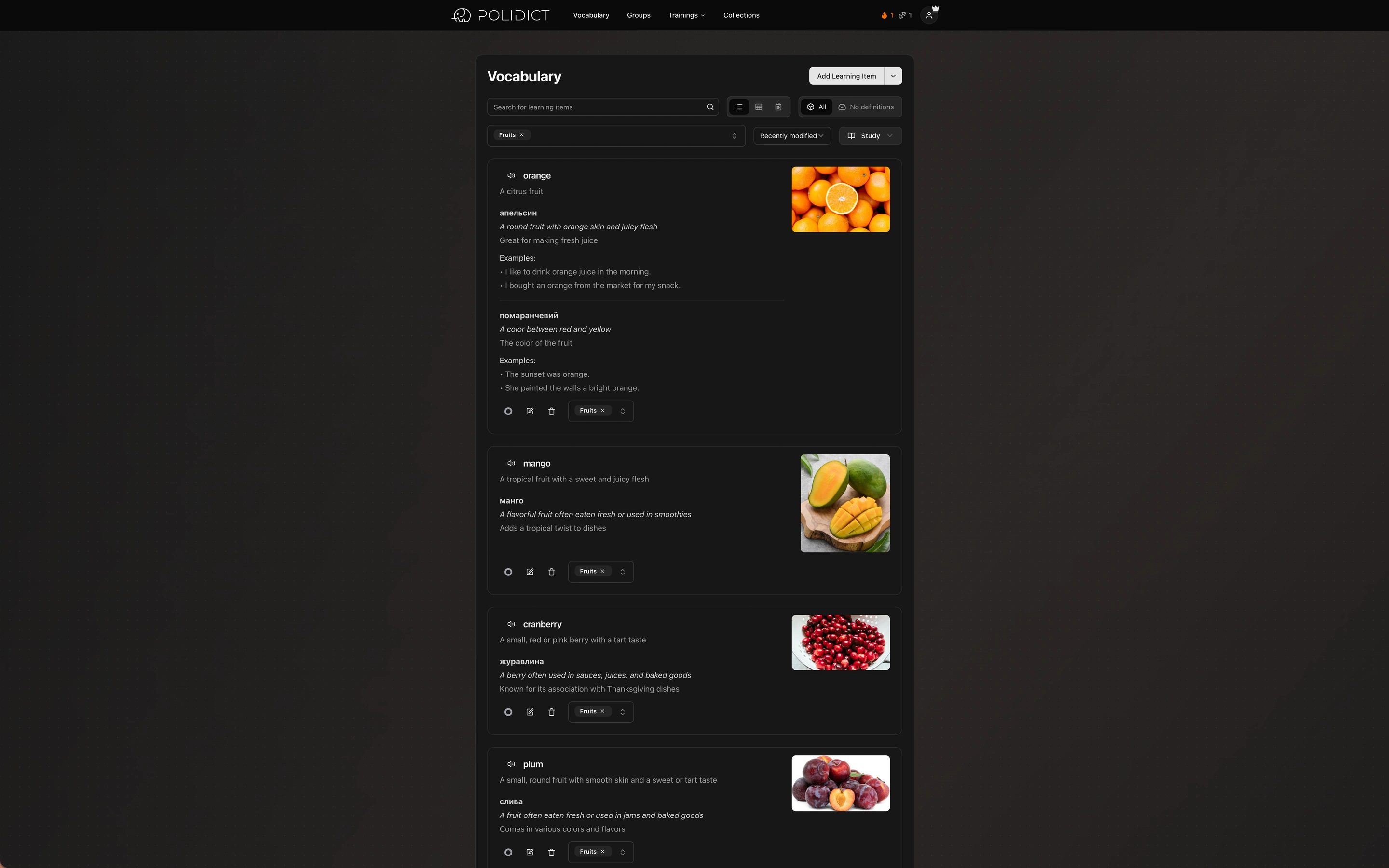 Polidict web app showing vocabulary list with translations and definitions