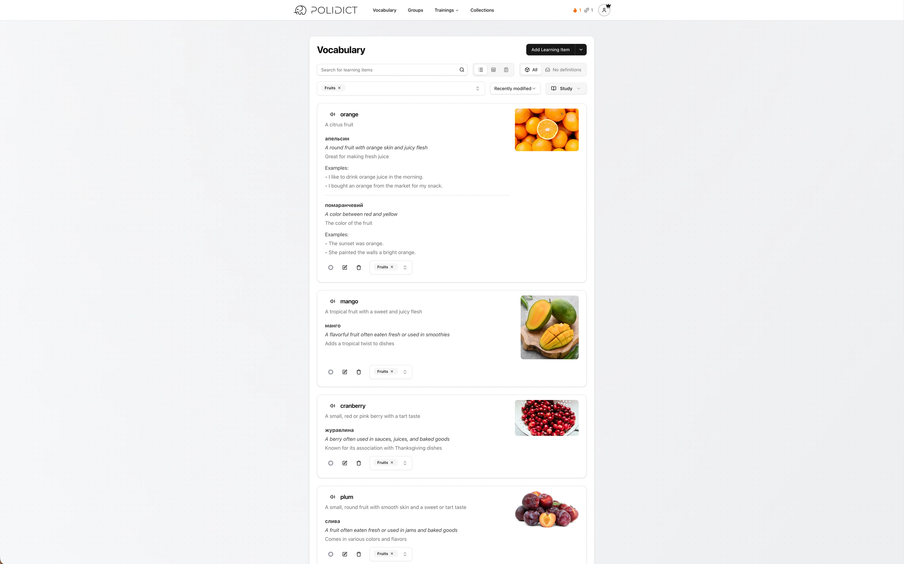 Polidict web app showing vocabulary list with translations and definitions