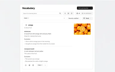 Polidict web app showing vocabulary list with translations and definitions